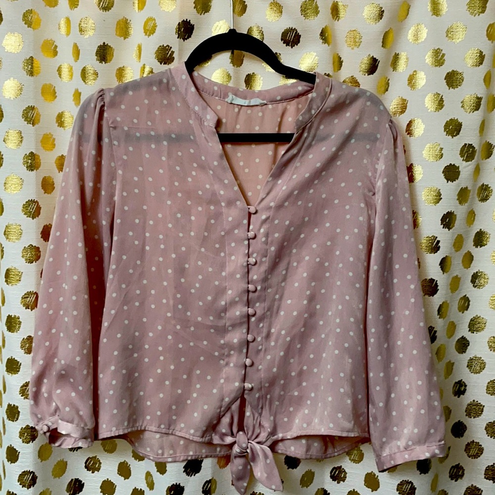 Elodie Size large pink and white polka dot button down crop top